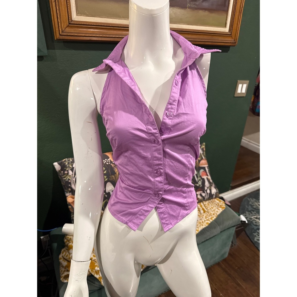 NY & Company Purple Halter Top Button Down Collar Back Tie Bow Large